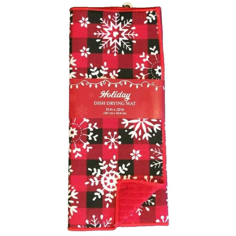 Christmas Dish Drying Mat Microfiber Super Absorbent Buffalo Plaid Snowflake
